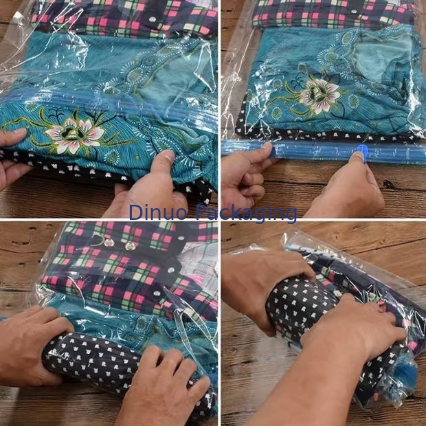Customized Travel Vacuum Storage Bag Plastic Packing Hand Roll Vacuum Bag With Zipper For Luggage
