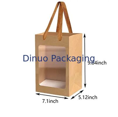 Reusable Brown / White / Black Windowed Kraft Paper Tote Bags With Ribbon Handles For Gifting