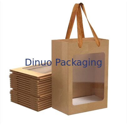 Reusable Brown / White / Black Windowed Kraft Paper Tote Bags With Ribbon Handles For Gifting