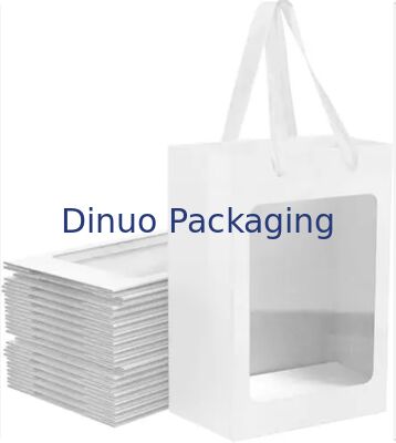 Reusable Brown / White / Black Windowed Kraft Paper Tote Bags With Ribbon Handles For Gifting