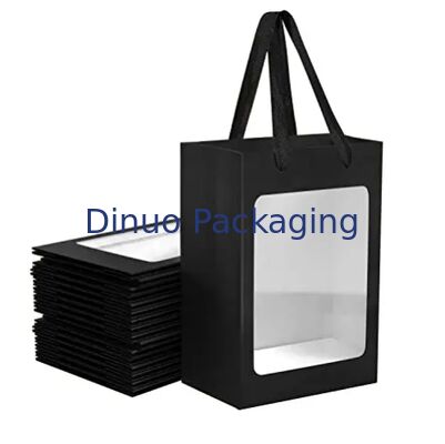 Reusable Brown / White / Black Windowed Kraft Paper Tote Bags With Ribbon Handles For Gifting