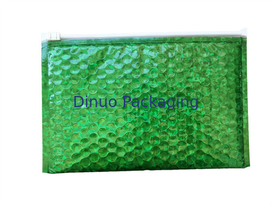 Waterproof Zipper Bubble Bags / Green Metallic Glossy Holographic 300x250mm Ziplock Foil Bubble Mailers